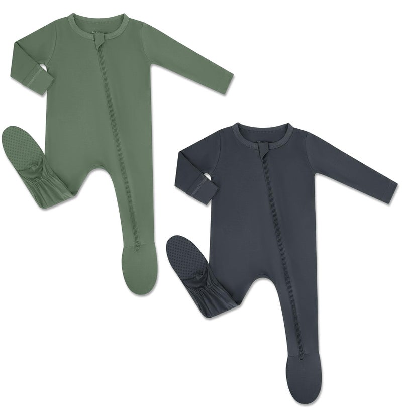 HAPIU Rayon from Bamboo Baby Footed Pajamas, 2 Way Zipper YKK, Footie for Baby Boy Girls, Newborn-24 Months, 2-Pack, Dark Forest Green&Dark Grey, 6-12 Months - Image 1